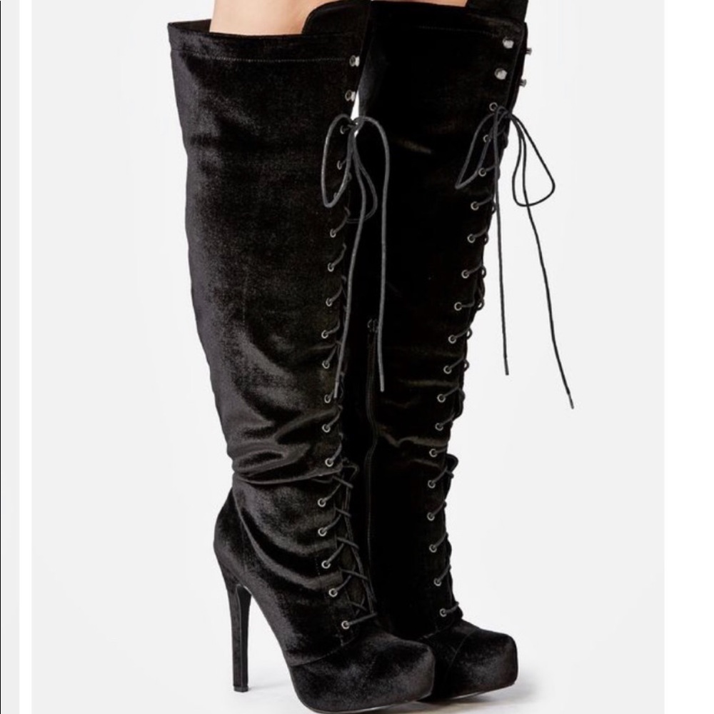 JUST FAB DASHELLA LACE UP THIGH HIGH BOOTS BLACK - NEW